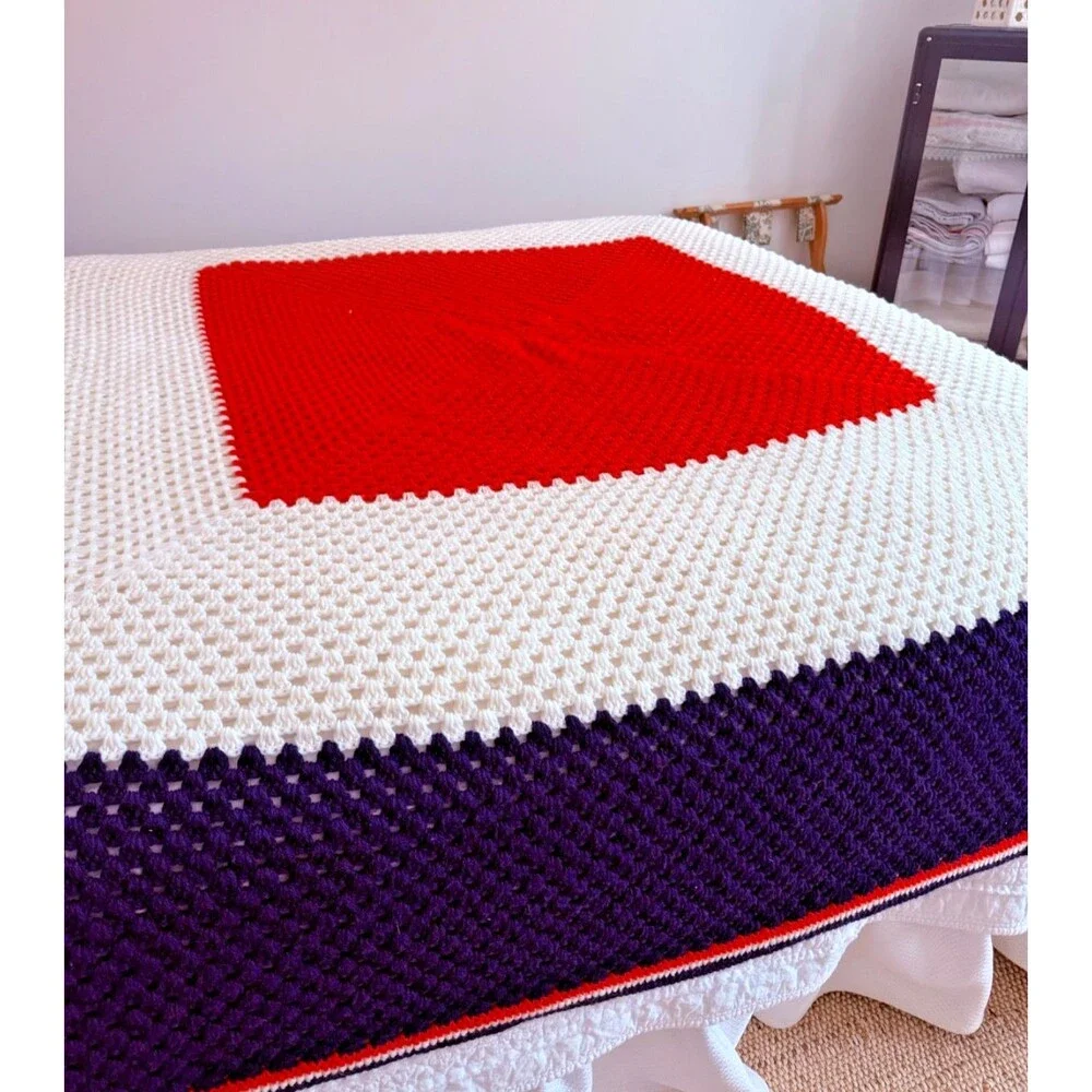 Vintage Large Crochet Afghan Blanket Throw Handmade 100” x 104” Red White & Blue